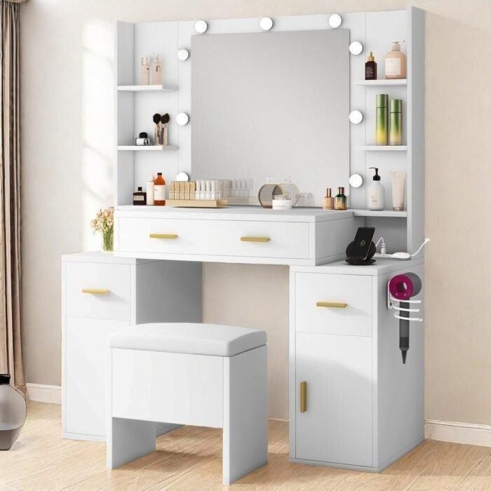 Makeup Vanity Set with Mirror & Lights, Adjustable Brightness, Vanity Desk with Versatile Storage Options