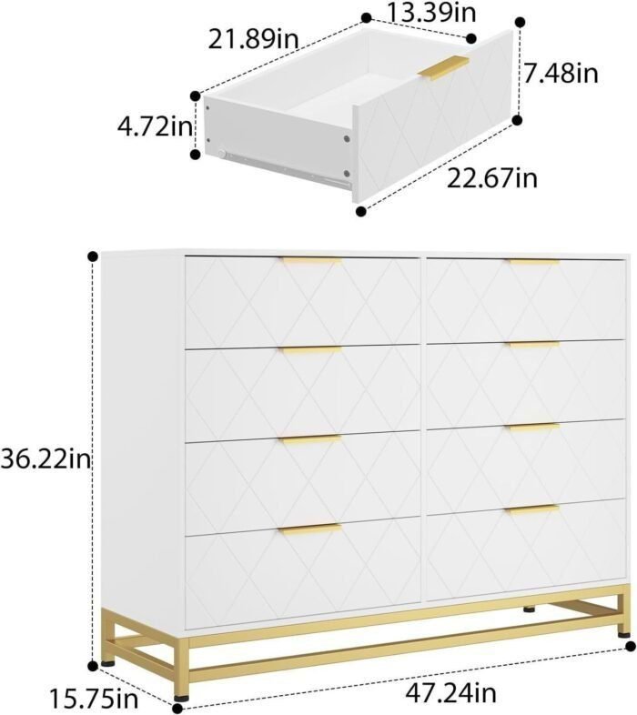 8 Dresser for Bedroom Wooden with 8 Drawer, Chest of Drawers Wide Dresser with Metal Handle