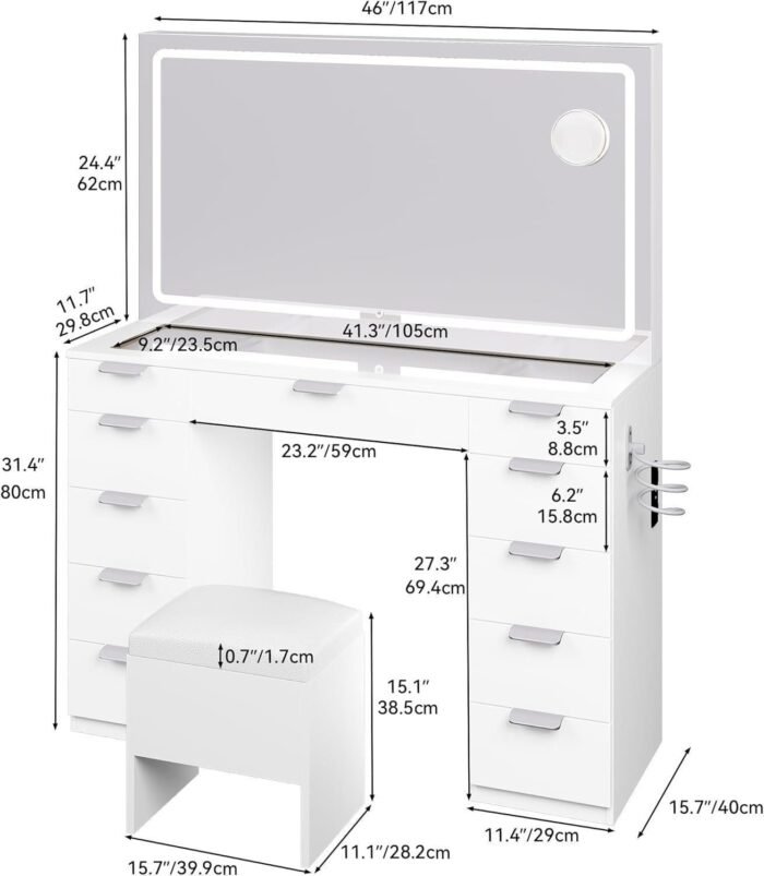 Makeup Vanity with Spacious LED-Lit Mirror Built-in Socket, Vanity Table with 11 Compartments and Magnifier