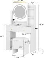 Makeup Vanity Desk with LED Lighted Mirror, White Vanity Set with Charger Station, Small Spaces Vanity Table