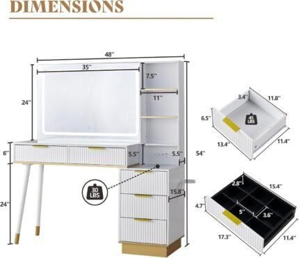 48" Vanity Desk with 35" Large Lighted Mirror, Big Modern Makeup Vanity Table with 5 Drawers