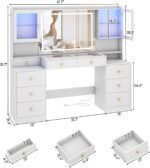 Large White Vanity Desk w/ Tempered Glass Top, color LED Lights,Power Outlet, Make up Vanity