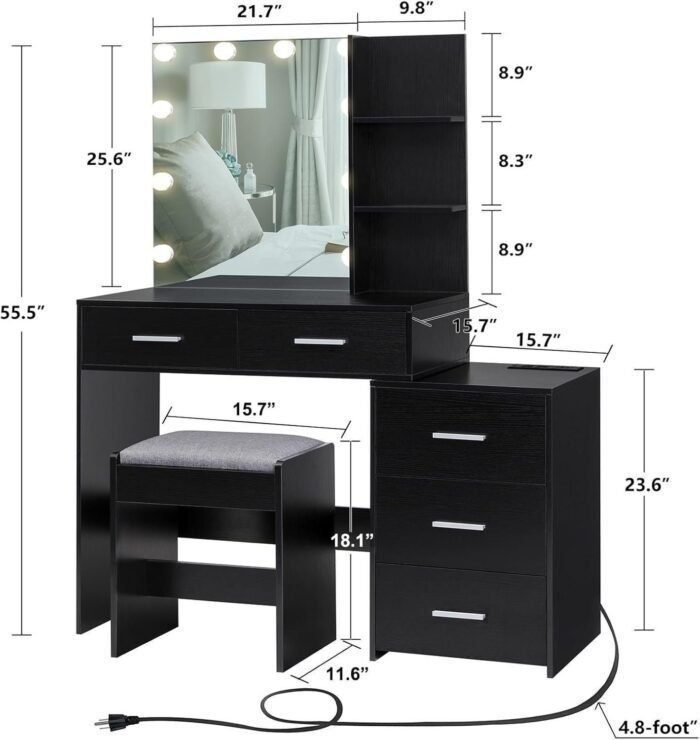 Large Vanity Desk with Mirror & 10 LED Lights, Makeup Vanity Dressing Table with Power Strip