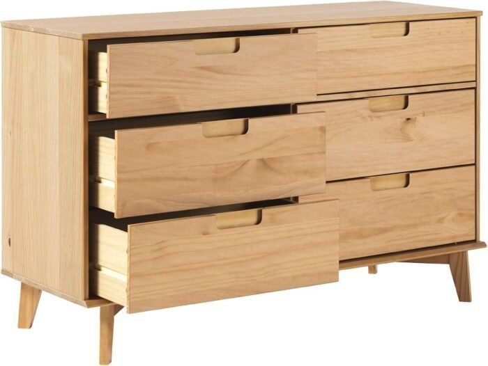 Mid-Century Modern Grooved Handle Wood 6-Drawer Dresser, 52 Inch, Natural Pine