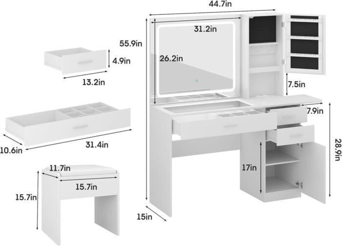 White Vanity Desk with Mirror and Lights, Glass Top Vanity Table with Charging Station, 3 Drawers and Jewelry Cabinet