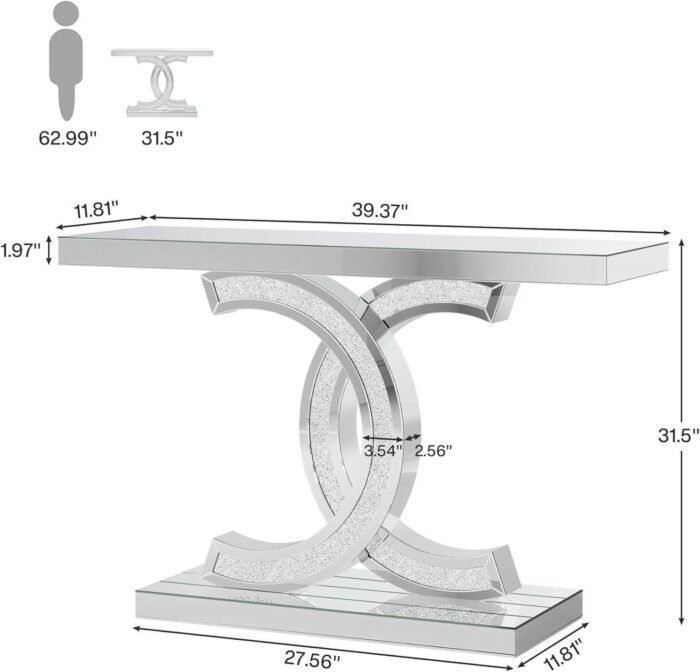 Mirrored Console Table, Modern Silver Entryway Table with Sparkling Crystal Inlays, 39-inch Glass Sofa Table