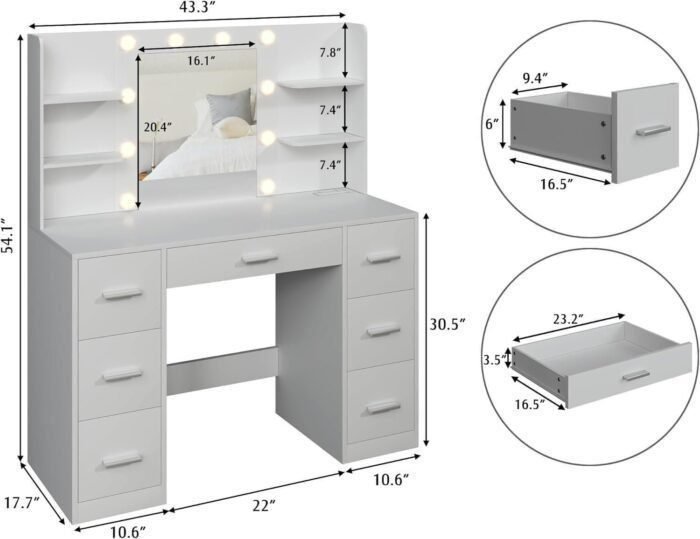 Vanity Desk with Mirror, Power Outlet and 10 Lights, Makeup Table with 7 Drawers, 3 Color Modes Available for Bedroom