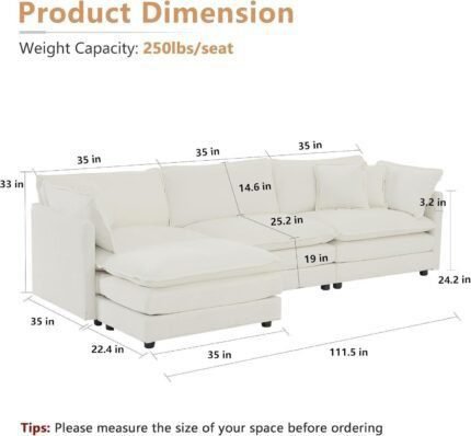 L Shaped Couch Set for Living Room, 3-Seater Comfy Cloud Couches with Movable Ottoman