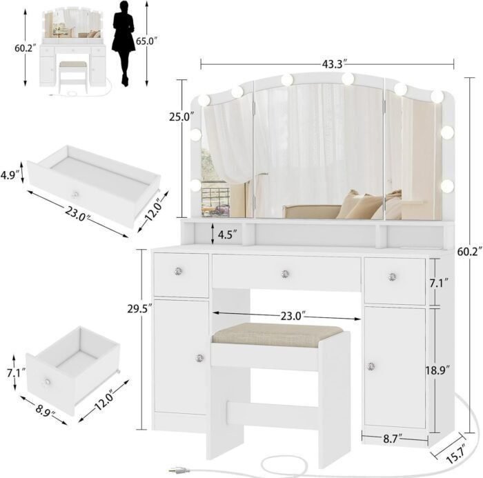 Vanity Desk with Triple Folding Mirror, Makeup Vanity with Power Outlet, Vanity Desk with 10 Lights