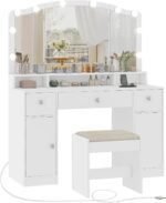 Vanity Desk with Triple Folding Mirror, Makeup Vanity with Power Outlet, Vanity Desk with 10 Lights