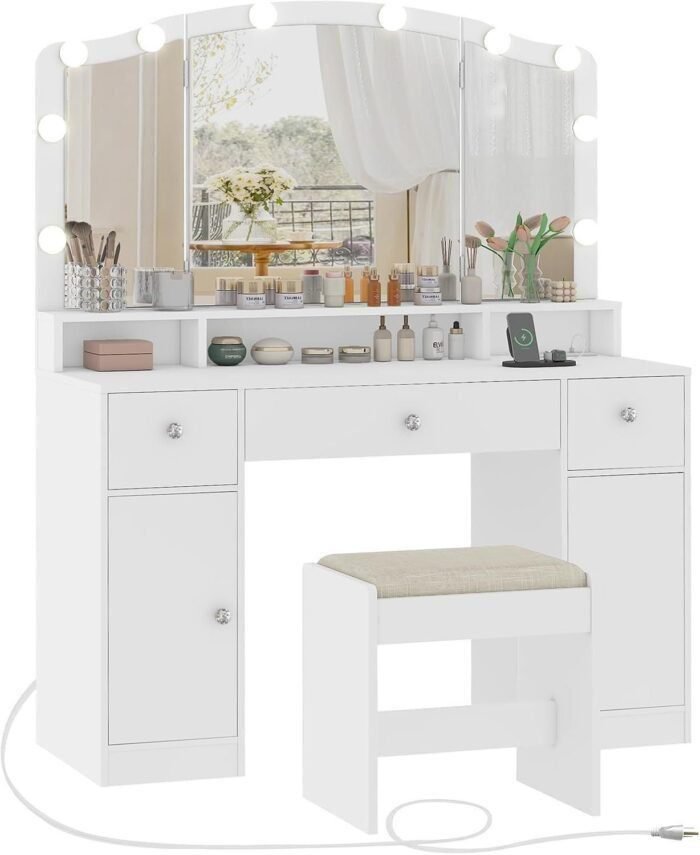 Vanity Desk with Triple Folding Mirror, Makeup Vanity with Power Outlet, Vanity Desk with 10 Lights