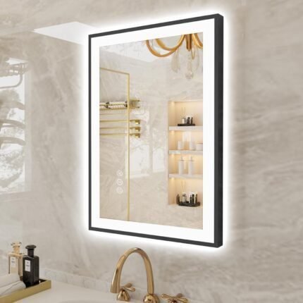 20x28 LED Bathroom Mirrors for Wall -Black Aluminum Framed (Front and Backlit), Anti-Fog Vanity Mirror