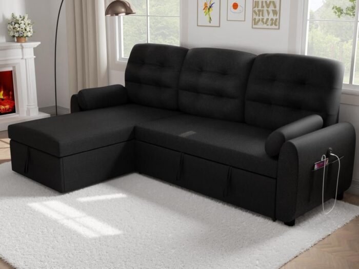 Sofa Couch, 87" Sleeper Sofa Bed with Reversible Storage Chaise Pull Out Couch for Living Room