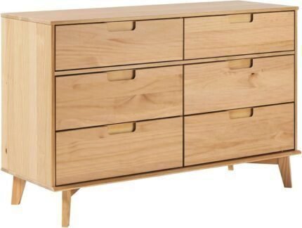 Mid-Century Modern Grooved Handle Wood 6-Drawer Dresser, 52 Inch, Natural Pine