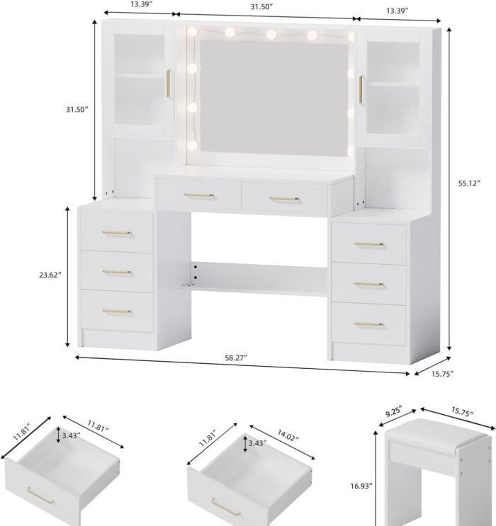 58.3" Large Vanity Desk with Mirror & Lights, Makeup Vanity with 10 LED Lights, 8 Metal Sliding Drawers & 2 Cabinets