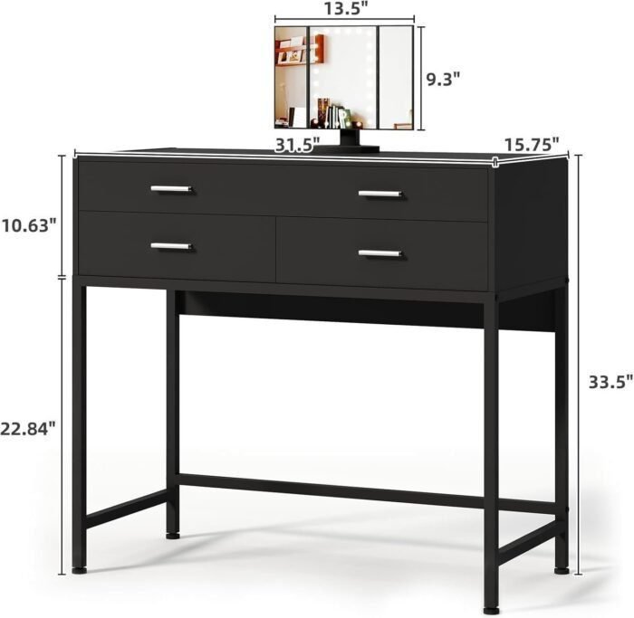 31.5 Inch Black Desk with 3 Drawers, Modern Makeup Vanity Desk with Lighted Mirror