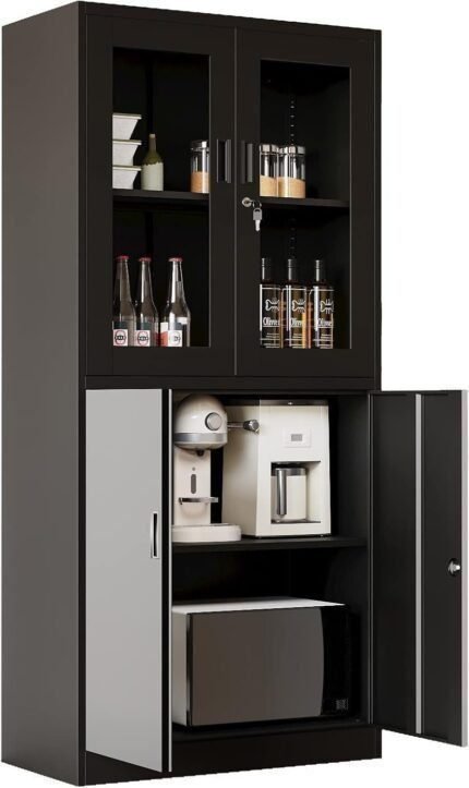 Metal Storage Cabinet with Glass Doors - 71" Locking Display Cabinet with 2 Adjustable Shelves