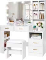 White Vanity Desk with Mirror and Lights,Vanity with Glass Top,Makeup Vanity Set Makeup Desk Dressing Table