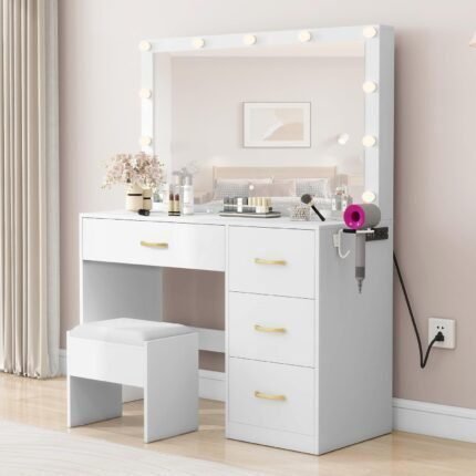 Makeup Vanity with Lighted Mirror, Vanity Desk with Power Strip, Adjustable Lighting, 4 Drawers