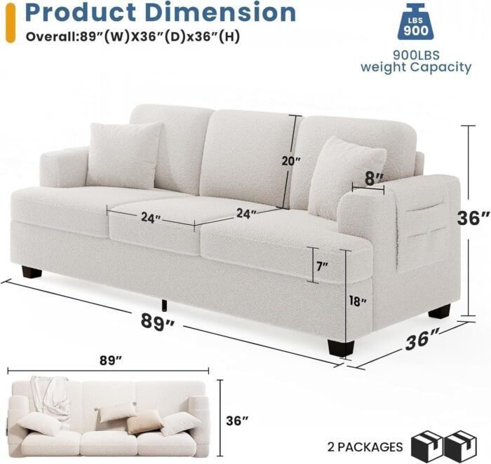 Deep Seat Sofa 89 Inch with Throw Pillow, Modern Sofa, Couches for Living Room