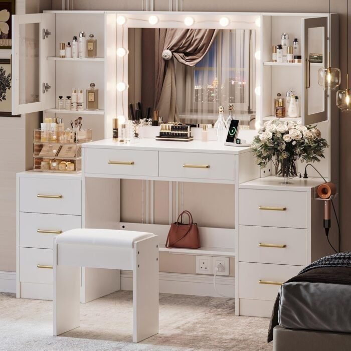 58.3" Large Vanity Desk with Mirror & Lights, Makeup Vanity with 10 LED Lights, 8 Metal Sliding Drawers & 2 Cabinets