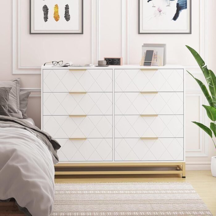 8 Dresser for Bedroom Wooden with 8 Drawer, Chest of Drawers Wide Dresser with Metal Handle