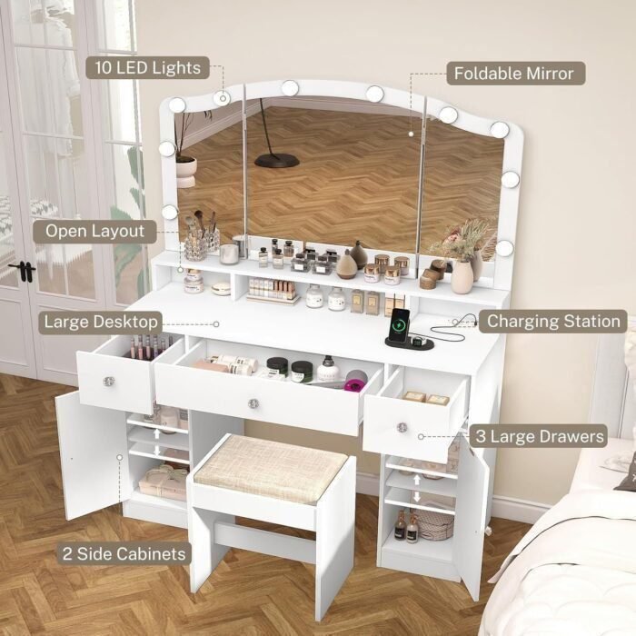 Vanity Desk with Triple Folding Mirror, Makeup Vanity with Power Outlet, Vanity Desk with 10 Lights