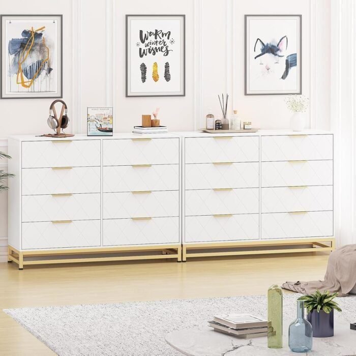 8 Dresser for Bedroom Wooden with 8 Drawer, Chest of Drawers Wide Dresser with Metal Handle