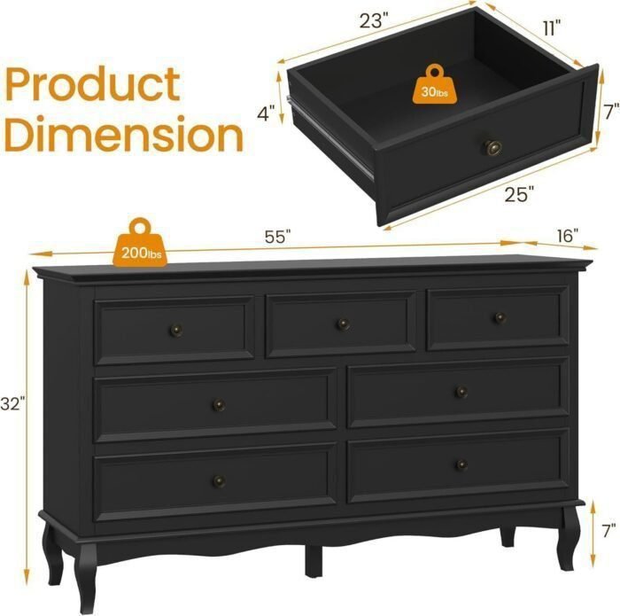 Dresser for Bedroom, 7 Drawers Dresser with Distinctive Wooden Legs & Black Paint Finish