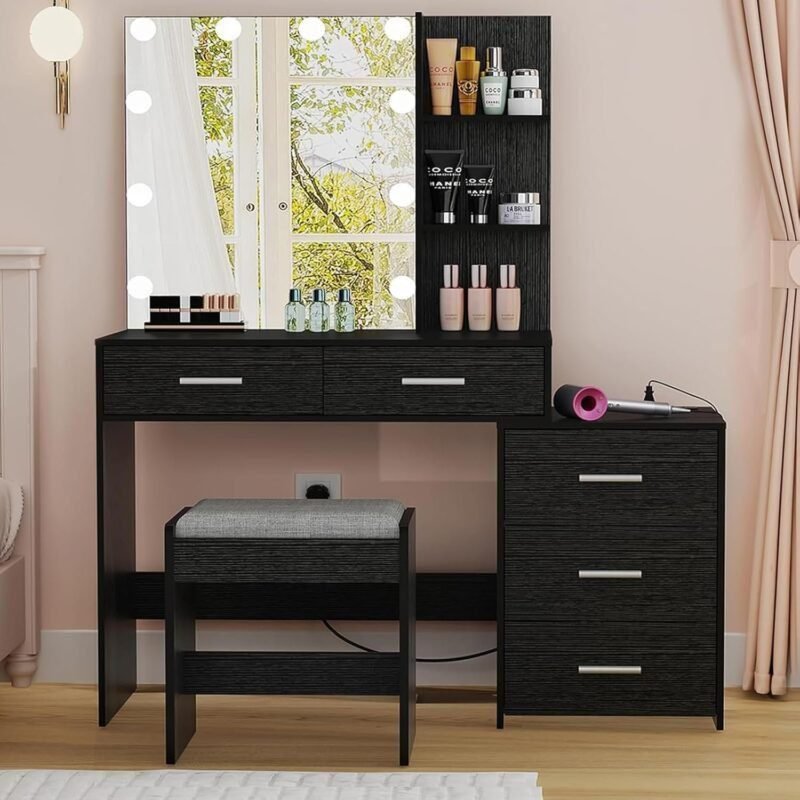 Large Vanity Desk with Mirror & 10 LED Lights, Makeup Vanity Dressing Table with Power Strip