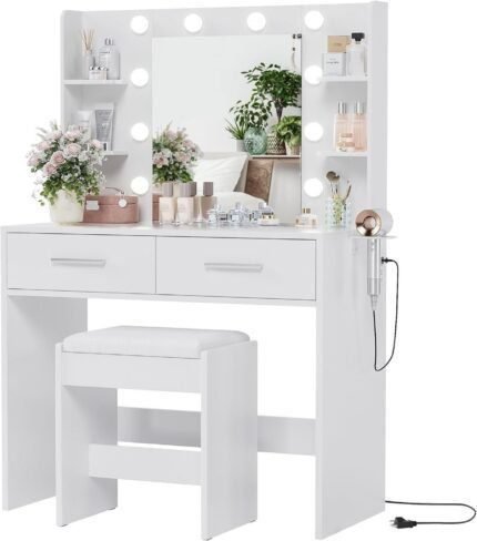 Vanity Desk with Mirror, Makeup Table with 2 Large Drawers, Power Outlet and Round Holder