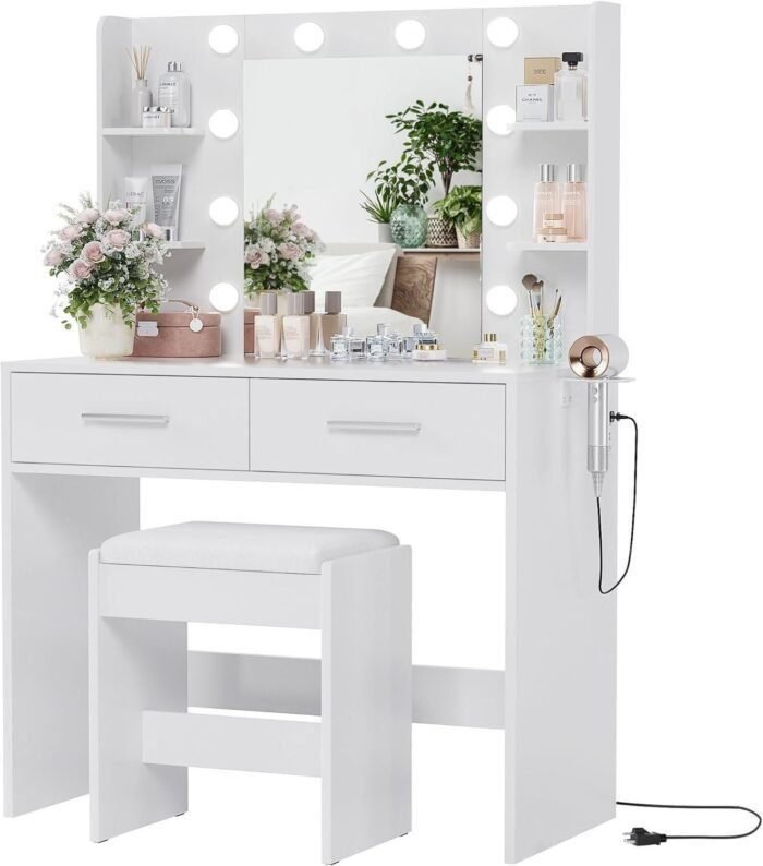 Vanity Desk with Mirror, Makeup Table with 2 Large Drawers, Power Outlet and Round Holder