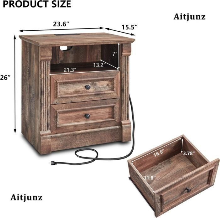 26" Tall Nightstand with Charging Station, Farmhouse 23.6" Wide Large End Table w/Roman Column