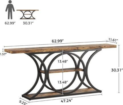 Extra Long Entry Console Table, Rustic Industrial Sofa Table Behind Couch, 3 Tier Storage Shelves