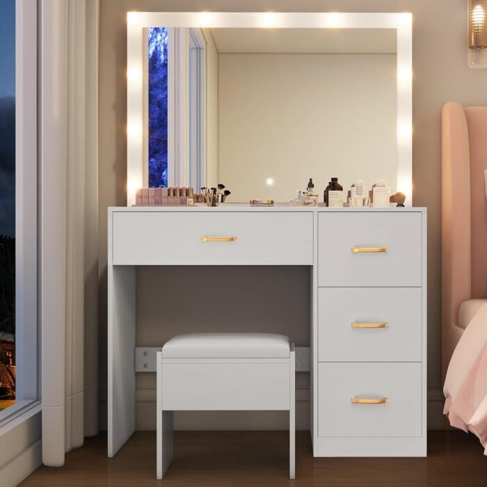 Makeup Vanity with Lighted Mirror, Vanity Desk with Power Strip, Adjustable Lighting, 4 Drawers