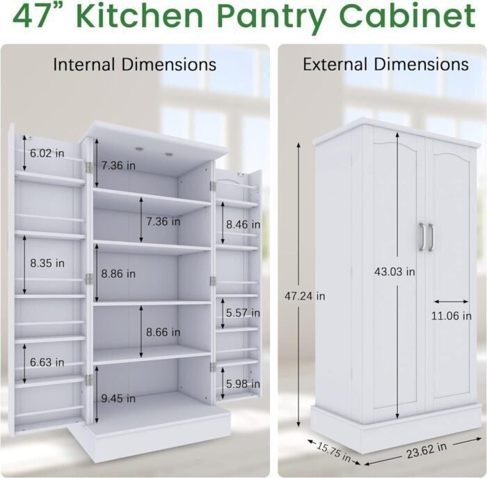 47” Kitchen Pantry Cabinet, White Freestanding Buffet Cupboards Sideboard with Doors & Adjustable Shelves, Kitchen Pantry Storage Cabinet