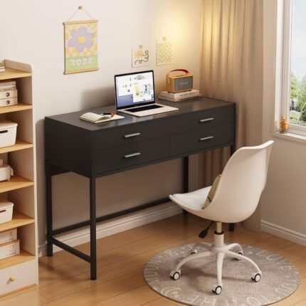 31.5 Inch Black Desk with 3 Drawers, Modern Makeup Vanity Desk with Lighted Mirror