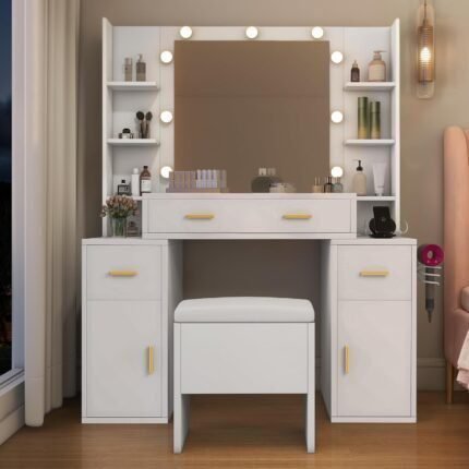 Makeup Vanity Set with Mirror & Lights, Adjustable Brightness, Vanity Desk with Versatile Storage Options