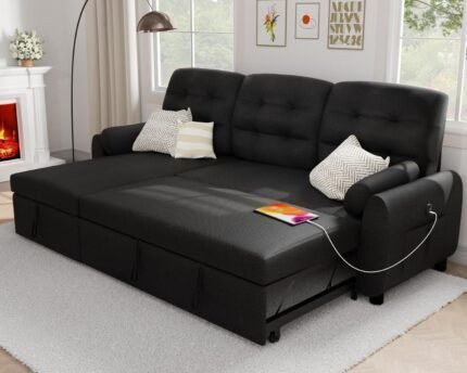 Sofa Couch, 87" Sleeper Sofa Bed with Reversible Storage Chaise Pull Out Couch for Living Room