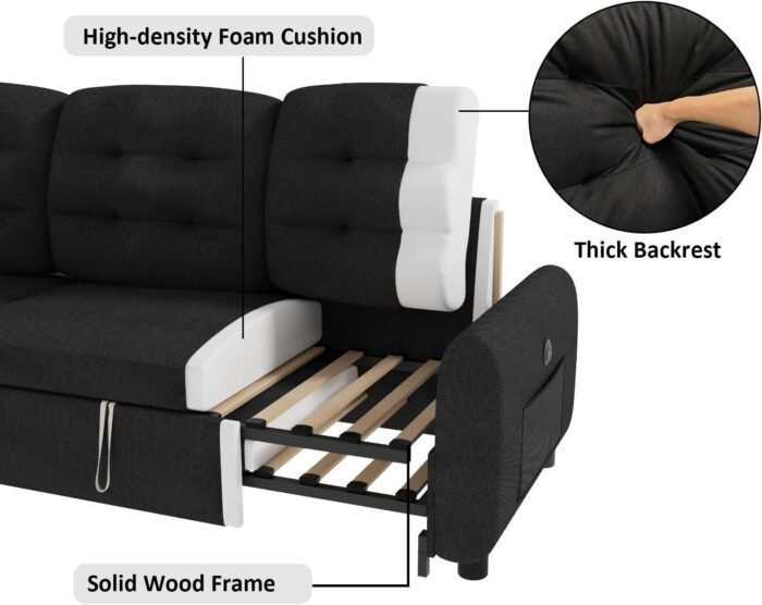 Sofa Couch, 87" Sleeper Sofa Bed with Reversible Storage Chaise Pull Out Couch for Living Room