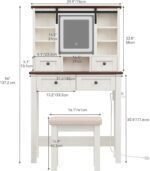 Farmhouse Vanity Desk with LED Lighted Sliding Mirror  Makeup Vanity Table with 4 Drawers Shelves