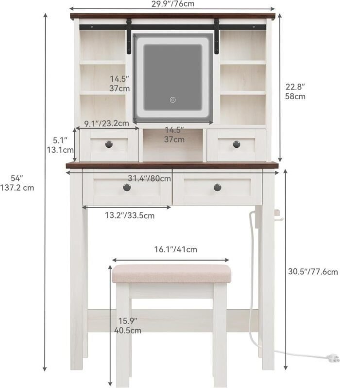 Farmhouse Vanity Desk with LED Lighted Sliding Mirror  Makeup Vanity Table with 4 Drawers Shelves