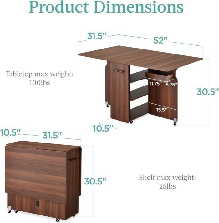 Folding Dining Table, Multipurpose Space Saving Collapsible Drop Leaf Extension Desk w/Wheels, 3 Storage Shelves