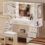 58.3" Large Vanity Desk with Mirror & Lights, Makeup Vanity with 10 LED Lights, 8 Metal Sliding Drawers & 2 Cabinets