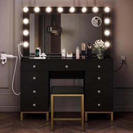 Makeup Vanity Set with Lighted Mirror, Power Outlet and 14 Lights, Vanity Desk with 9 Drawers, 3 Color Modes Available for Bedroom