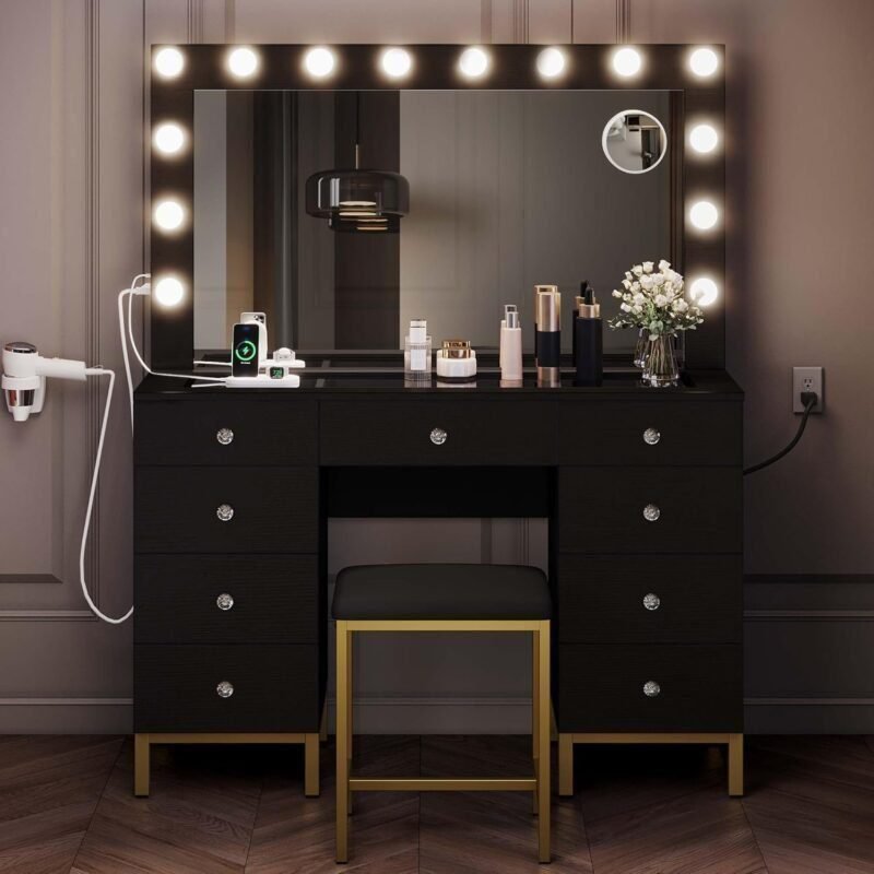 Makeup Vanity Set with Lighted Mirror, Power Outlet and 14 Lights, Vanity Desk with 9 Drawers, 3 Color Modes Available for Bedroom