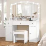 Vanity Desk with Triple Folding Mirror, Makeup Vanity with Power Outlet, Vanity Desk with 10 Lights