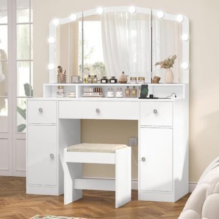 Vanity Desk with Triple Folding Mirror, Makeup Vanity with Power Outlet, Vanity Desk with 10 Lights