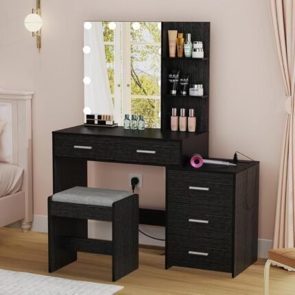 Large Vanity Desk with Mirror & 10 LED Lights, Makeup Vanity Dressing Table with Power Strip