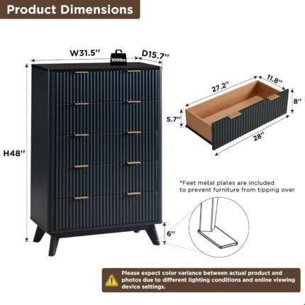 Fluted 5 Drawers Dresser, 48" Tall Modern Chest of Drawers with Faux Marble Top, Curved Profile Design